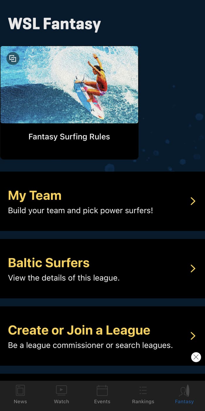 aplikacja WSL Fantasy Liga Baltic Surfers